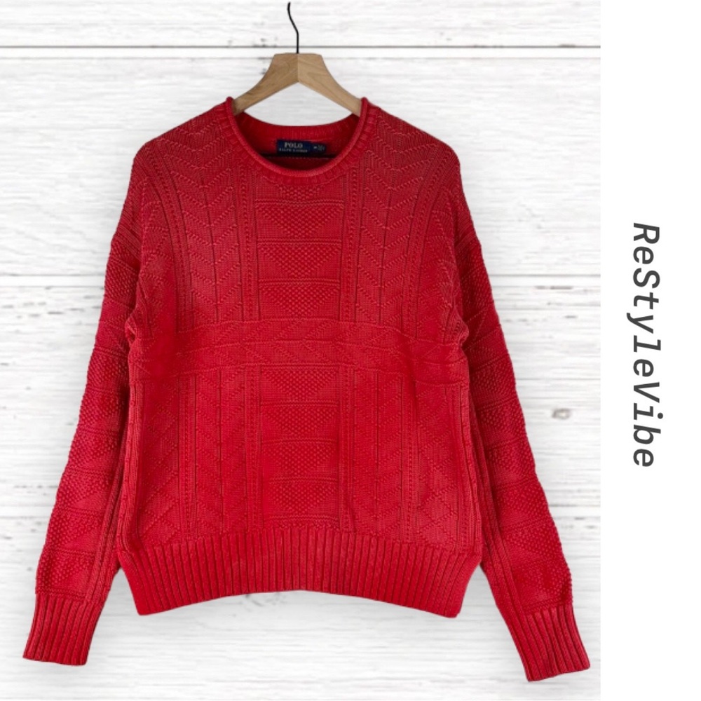 POLO RALPH LAUREN Men’s Size M Sweater Crew Neck Cotton Pullover Red Cable Knit